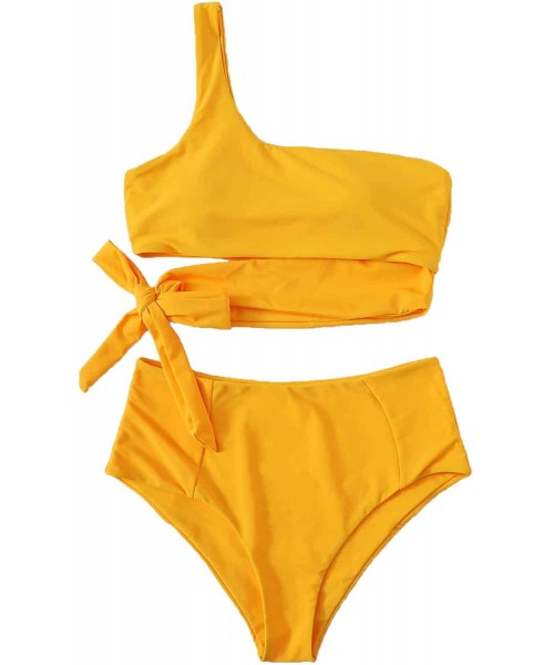 One-Pieces Women's Two Piece Swimsuit High Waisted One Shoulder Bikini Set Swimwear - Yellow - C6192KK7HXQ