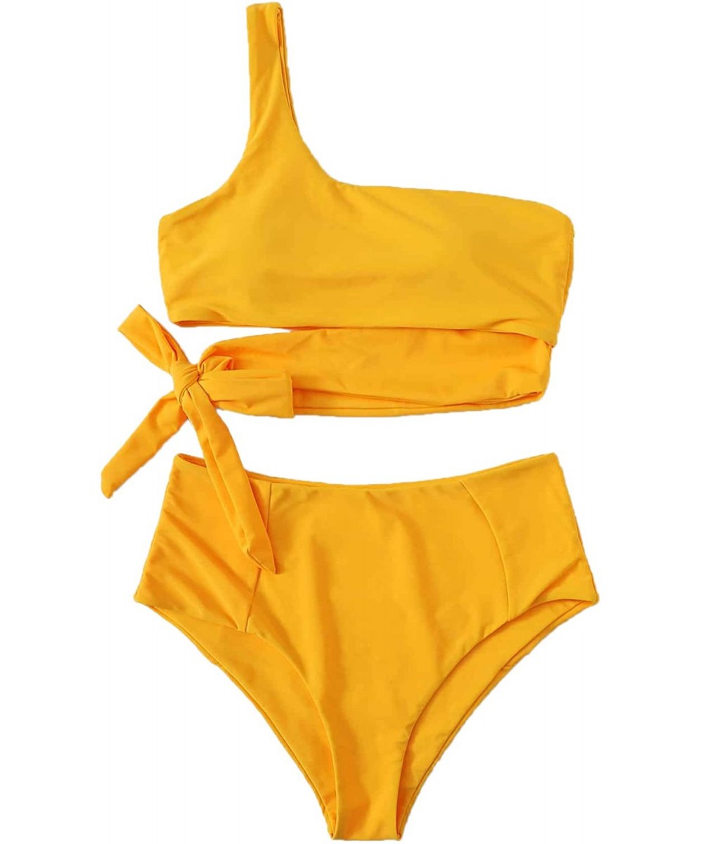 One-Pieces Women's Two Piece Swimsuit High Waisted One Shoulder Bikini Set Swimwear - Yellow - C6192KK7HXQ