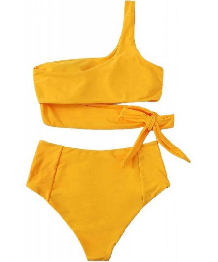 One-Pieces Women's Two Piece Swimsuit High Waisted One Shoulder Bikini Set Swimwear - Yellow - C6192KK7HXQ