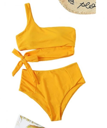 One-Pieces Women's Two Piece Swimsuit High Waisted One Shoulder Bikini Set Swimwear - Yellow - C6192KK7HXQ