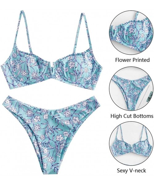 Sets Womens Flower Print High Cut V Neck Two Pieces Bikini Swimwear Swimsuit Beachwear - B-blue - CK196MK3WN6