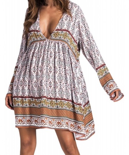 Cover-Ups Women Boho Dress Floral Printed Deep V-Neck Summer Beach Bohemian Sundress Loose Short Mini Dress - A-white - CK18D...