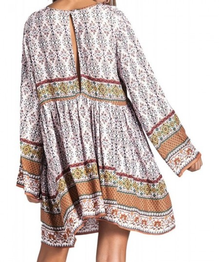 Cover-Ups Women Boho Dress Floral Printed Deep V-Neck Summer Beach Bohemian Sundress Loose Short Mini Dress - A-white - CK18D...