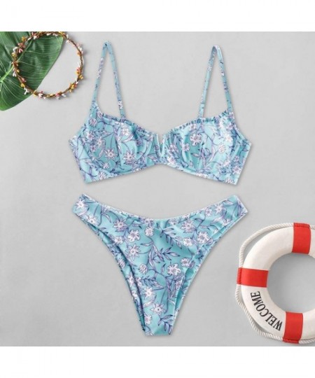 Sets Womens Flower Print High Cut V Neck Two Pieces Bikini Swimwear Swimsuit Beachwear - B-blue - CK196MK3WN6