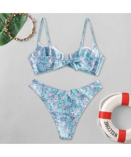 Sets Womens Flower Print High Cut V Neck Two Pieces Bikini Swimwear Swimsuit Beachwear - B-blue - CK196MK3WN6