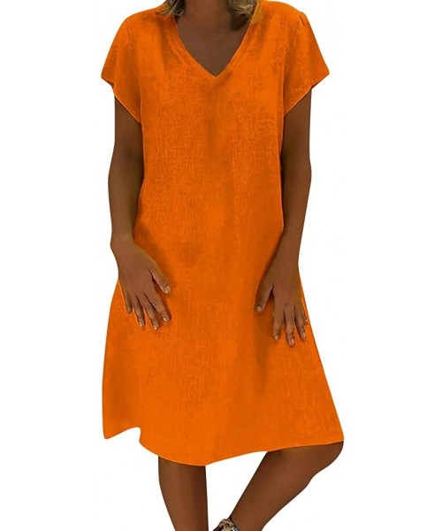 Cover-Ups Dresses for Women Boho Solid Linen Aline Dress Round Neck T Shirt Dress Bikini Cover Up Gifts Womens Dresses Orange...