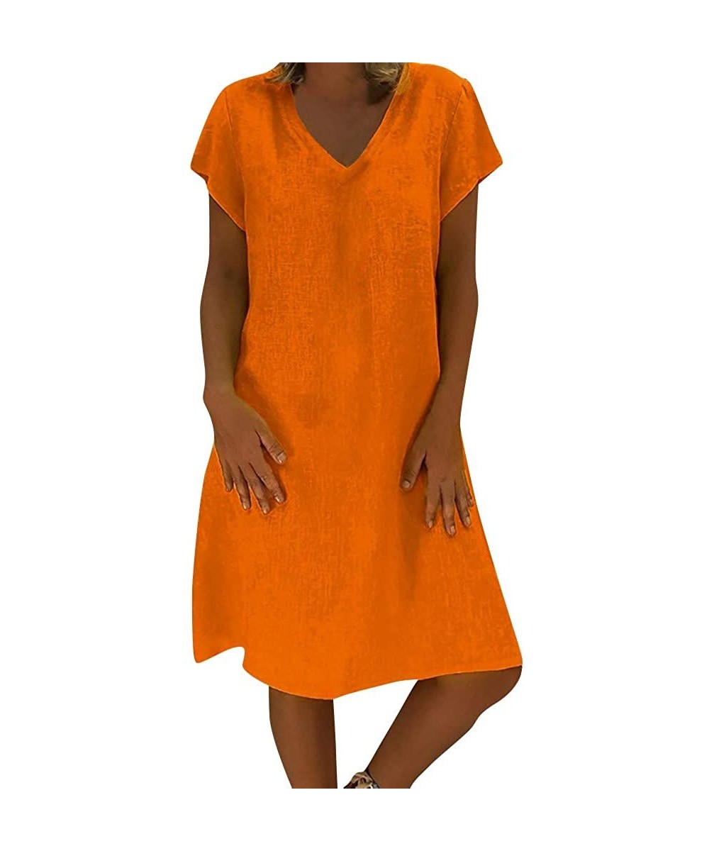 Cover-Ups Dresses for Women Boho Solid Linen Aline Dress Round Neck T Shirt Dress Bikini Cover Up Gifts Womens Dresses Orange...