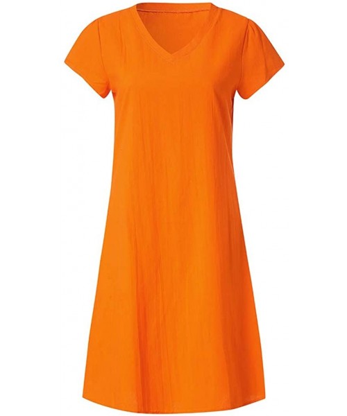 Cover-Ups Dresses for Women Boho Solid Linen Aline Dress Round Neck T Shirt Dress Bikini Cover Up Gifts Womens Dresses Orange...