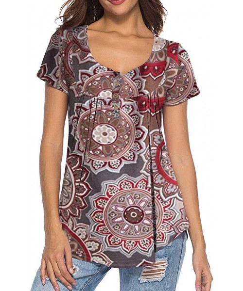 Bottoms Tops for Womens- Womens Short Sleeve Printed Button Top Casual Flare Tunic Loose Blouse Shirt - Brown - CQ18Q3DGGRG