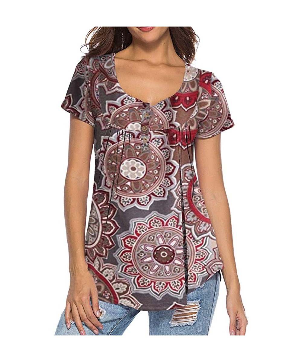 Bottoms Tops for Womens- Womens Short Sleeve Printed Button Top Casual Flare Tunic Loose Blouse Shirt - Brown - CQ18Q3DGGRG