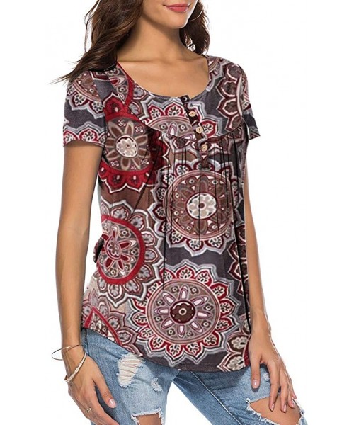 Bottoms Tops for Womens- Womens Short Sleeve Printed Button Top Casual Flare Tunic Loose Blouse Shirt - Brown - CQ18Q3DGGRG