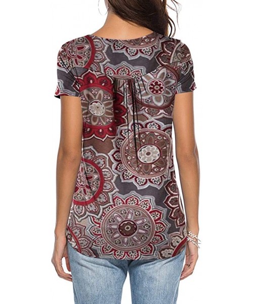 Bottoms Tops for Womens- Womens Short Sleeve Printed Button Top Casual Flare Tunic Loose Blouse Shirt - Brown - CQ18Q3DGGRG