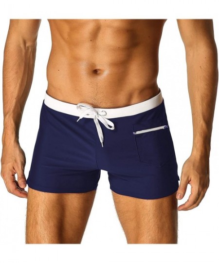 Briefs Mens Swimwear Swim Trunks Short Boxer Briefs with Zipper Pockets - Navy Blue - CG17YS256NW