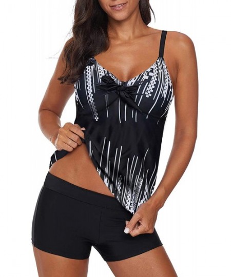 Tankinis Womens Blouson Striped Printed Strappy T-Back Push up Tankini Top with Shorts - Z Black - CM198CAOIK6