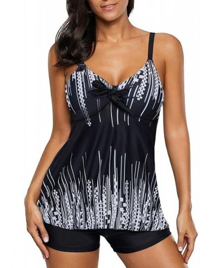 Tankinis Womens Blouson Striped Printed Strappy T-Back Push up Tankini Top with Shorts - Z Black - CM198CAOIK6