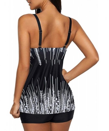 Tankinis Womens Blouson Striped Printed Strappy T-Back Push up Tankini Top with Shorts - Z Black - CM198CAOIK6