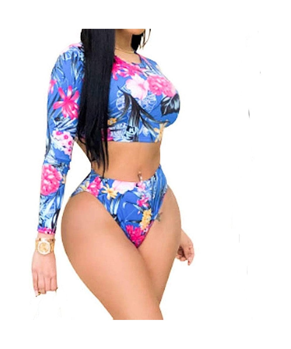 Sets Women Floral Long Sleeve Tie Side 2-Pieces Swimsuit Bathing Suit Swimwear - A-blue-1 - C919D5ADXWN