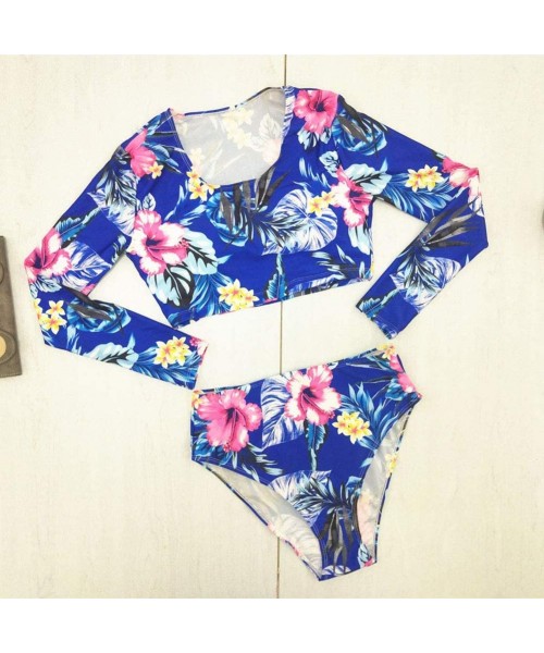 Sets Women Floral Long Sleeve Tie Side 2-Pieces Swimsuit Bathing Suit Swimwear - A-blue-1 - C919D5ADXWN