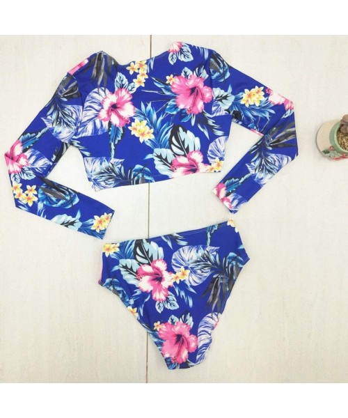 Sets Women Floral Long Sleeve Tie Side 2-Pieces Swimsuit Bathing Suit Swimwear - A-blue-1 - C919D5ADXWN