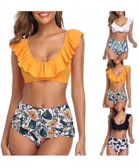 Sets Swimsuits for Women Tummy Control-Floral Ruffle Bikini Push Up Swimsuit High Waisted Bottom V Neck 2 Pieces Bathing Suit...