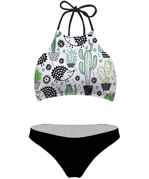 Sets Womens High Neck Bikini Set Fashion Printing Bathing Suit Swimwear - Cactus and Hedgehog - CV18R695QIC