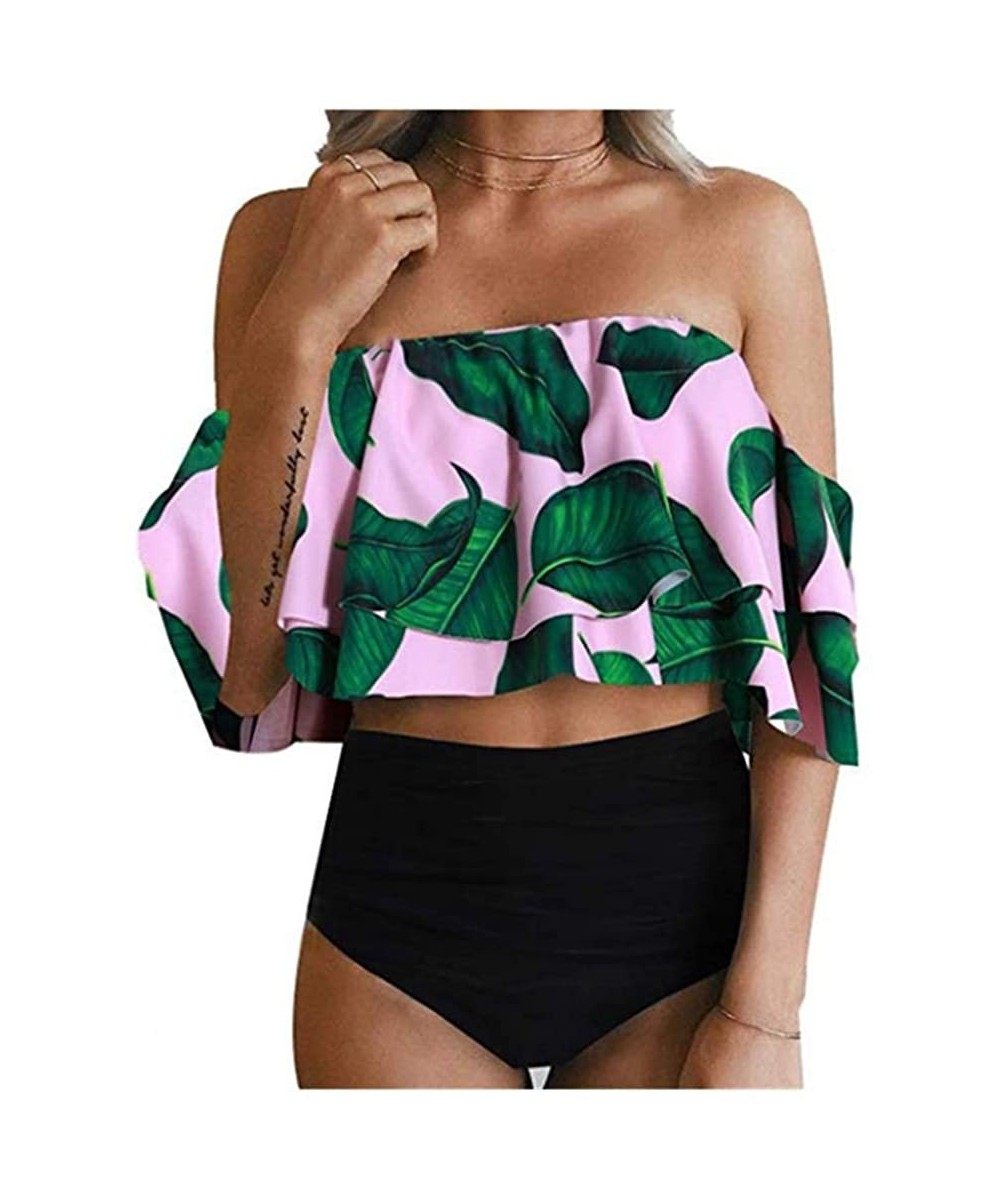 Sets Women's Bikini Ruffle Off Shoulder Top & Floral Shorts Swimsuit Bathing Suit 2pc Sets - H-pink Leaf - CU18QXY8R4Z