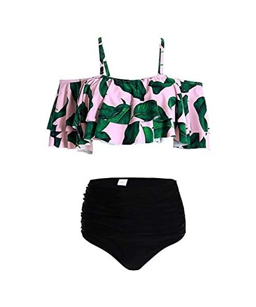 Sets Women's Bikini Ruffle Off Shoulder Top & Floral Shorts Swimsuit Bathing Suit 2pc Sets - H-pink Leaf - CU18QXY8R4Z