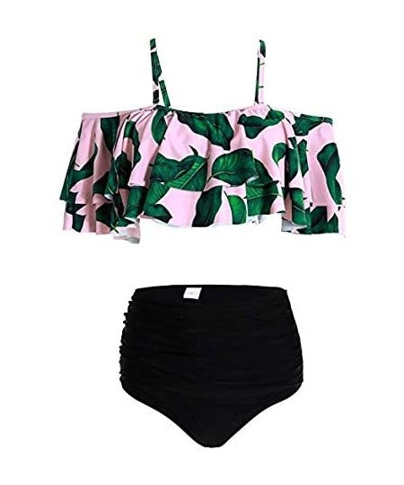 Sets Women's Bikini Ruffle Off Shoulder Top & Floral Shorts Swimsuit Bathing Suit 2pc Sets - H-pink Leaf - CU18QXY8R4Z