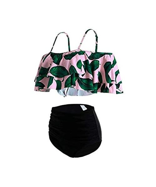 Sets Women's Bikini Ruffle Off Shoulder Top & Floral Shorts Swimsuit Bathing Suit 2pc Sets - H-pink Leaf - CU18QXY8R4Z