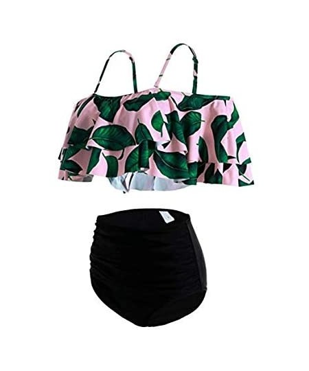 Sets Women's Bikini Ruffle Off Shoulder Top & Floral Shorts Swimsuit Bathing Suit 2pc Sets - H-pink Leaf - CU18QXY8R4Z