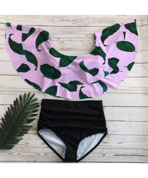 Sets Women's Bikini Ruffle Off Shoulder Top & Floral Shorts Swimsuit Bathing Suit 2pc Sets - H-pink Leaf - CU18QXY8R4Z