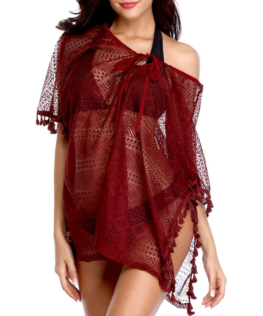 Cover-Ups Women's Chiffon Beach Bikini Swimsuit Swimwear Cover Ups - Red Mesh - CP18KXEEMEG