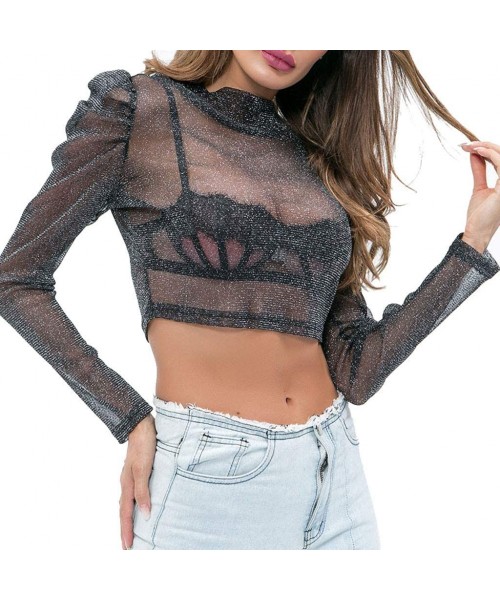 Racing Women's Sheer Mesh See-Through Short Sleeve Crop Tops Casual T Shirt Glitter See Through Top Tee Blouse - J - CI18SQC86KL