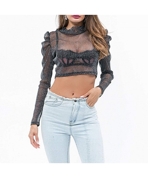 Racing Women's Sheer Mesh See-Through Short Sleeve Crop Tops Casual T Shirt Glitter See Through Top Tee Blouse - J - CI18SQC86KL