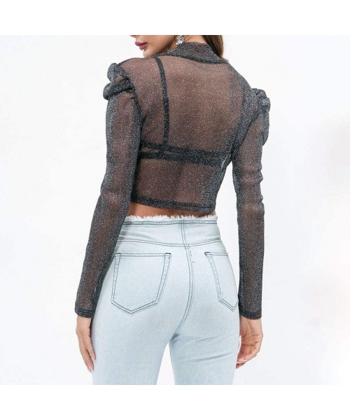 Racing Women's Sheer Mesh See-Through Short Sleeve Crop Tops Casual T Shirt Glitter See Through Top Tee Blouse - J - CI18SQC86KL