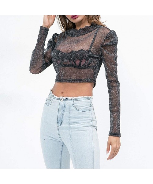 Racing Women's Sheer Mesh See-Through Short Sleeve Crop Tops Casual T Shirt Glitter See Through Top Tee Blouse - J - CI18SQC86KL