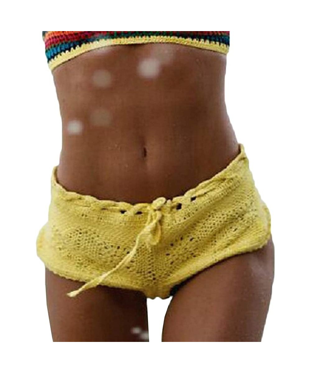 Cover-Ups Womens Summer Beachwear Cheeky Shorts Panties Crochet Drawstring Cover Ups - Yellow - CN18QRIWCUT