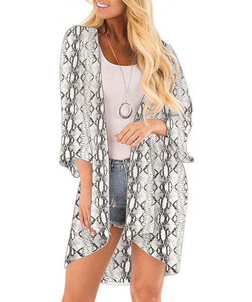 Cover-Ups Women Chiffon Printed Cardigan Kimono Robe Tops Beach Bikini Cover up Blouse - 003-light Gray - C618QXNUXRH