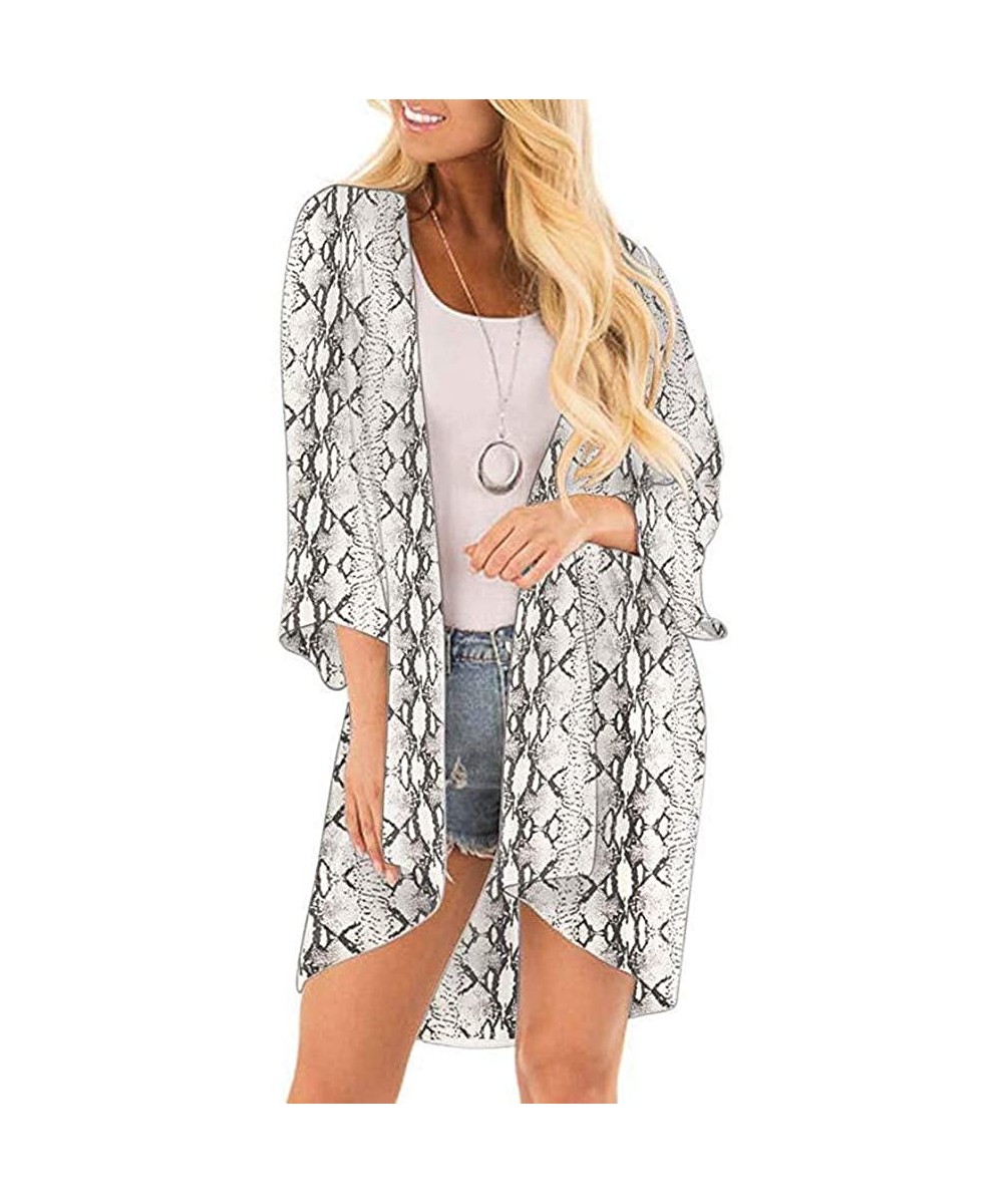 Cover-Ups Women Chiffon Printed Cardigan Kimono Robe Tops Beach Bikini Cover up Blouse - 003-light Gray - C618QXNUXRH