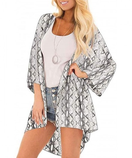 Cover-Ups Women Chiffon Printed Cardigan Kimono Robe Tops Beach Bikini Cover up Blouse - 003-light Gray - C618QXNUXRH