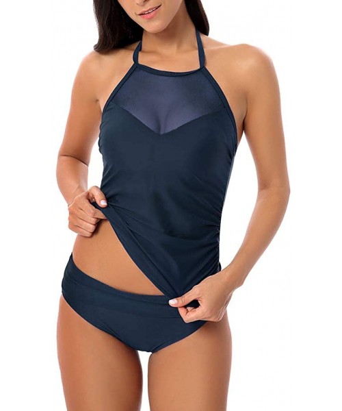 Sets Swimsuits for Women Two Piece Bathing Suits Tankini with High Waisted Bikini Set - Navy Blue - CC18QAASS3I