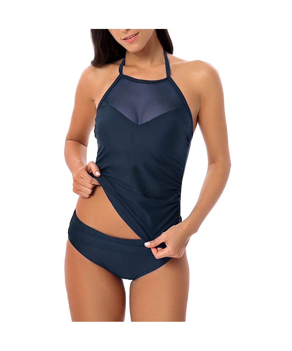 Sets Swimsuits for Women Two Piece Bathing Suits Tankini with High Waisted Bikini Set - Navy Blue - CC18QAASS3I