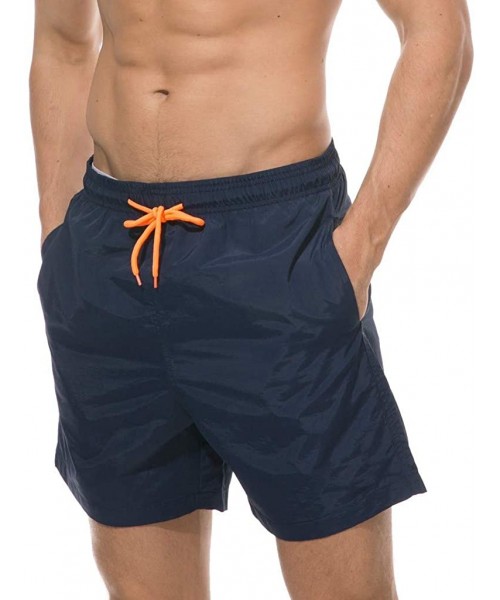 Racing Men's Swim Trunks Solid Color Quick Dry Drawstring Lightweight Beach Shorts with Elastic Waist and Pockets - Navy - CI...