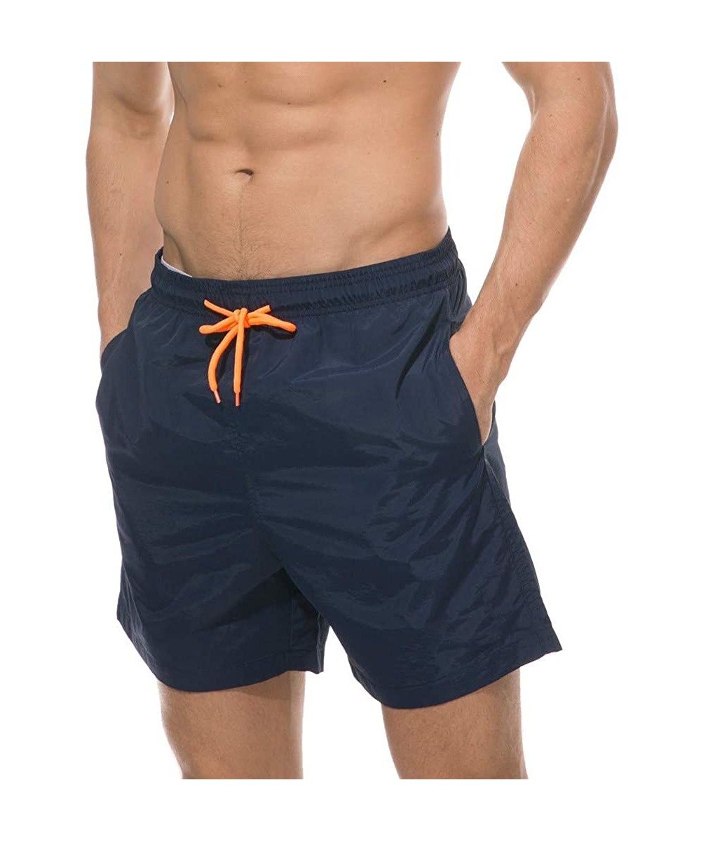 Racing Men's Swim Trunks Solid Color Quick Dry Drawstring Lightweight Beach Shorts with Elastic Waist and Pockets - Navy - CI...