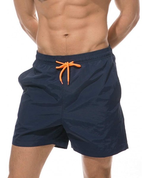 Racing Men's Swim Trunks Solid Color Quick Dry Drawstring Lightweight Beach Shorts with Elastic Waist and Pockets - Navy - CI...