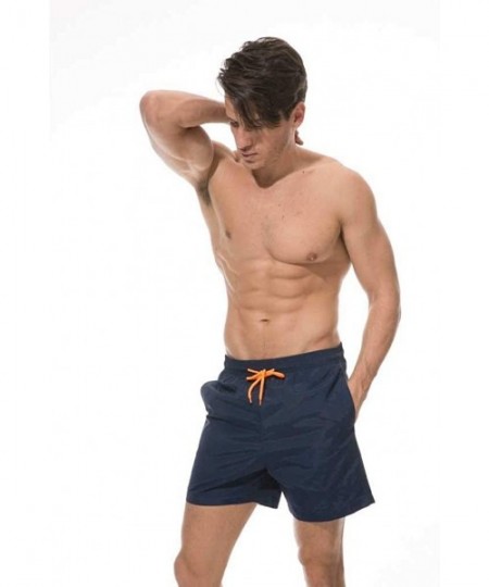 Racing Men's Swim Trunks Solid Color Quick Dry Drawstring Lightweight Beach Shorts with Elastic Waist and Pockets - Navy - CI...