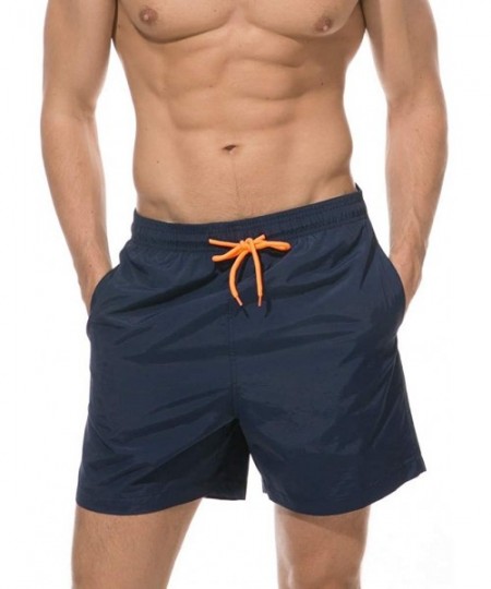 Racing Men's Swim Trunks Solid Color Quick Dry Drawstring Lightweight Beach Shorts with Elastic Waist and Pockets - Navy - CI...