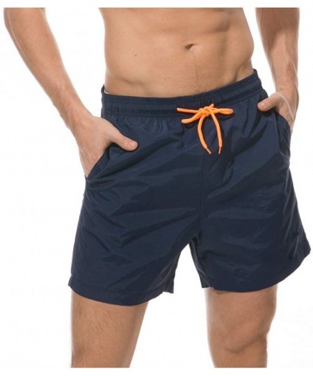 Racing Men's Swim Trunks Solid Color Quick Dry Drawstring Lightweight Beach Shorts with Elastic Waist and Pockets - Navy - CI...