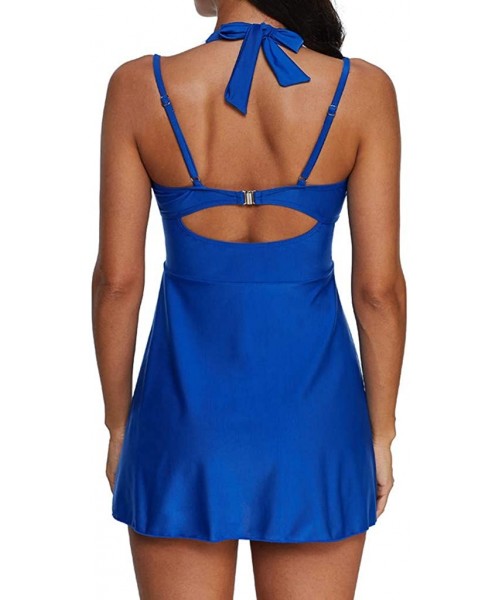 Bottoms Womens Halter Swimdress Plus Size Two Piece Swimsuit Push Up Tankini Set S-5XL - Blue - CB194UQL5WM