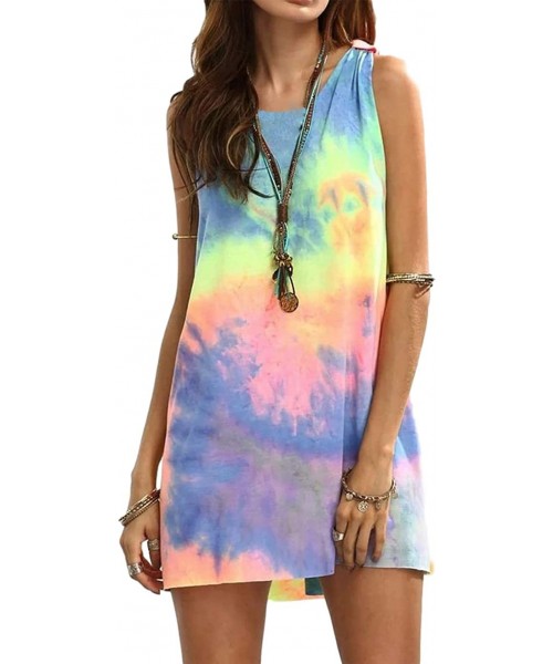 Cover-Ups Tie Dye Short Sleeve O-Neck Mini Dress Women's Sleeveless T Shirt Dress Tie-dye Tank Mini Dress - 1-yellow - CJ190G...